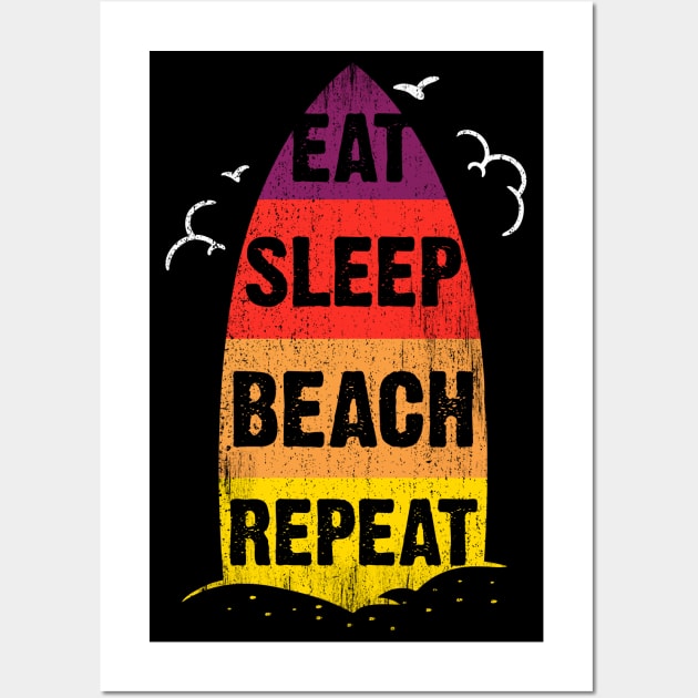 Eat Sleep Beach Repeat retro sunset surfboard Wall Art by opippi